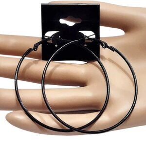 2 1/4 Inch 55mm Black Hoop Pierced Post Earrings Support Clips